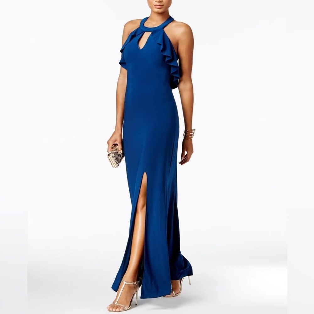 NWT Nightway Ruffle Halter Maxi Gown in Peacock Blue Size 8